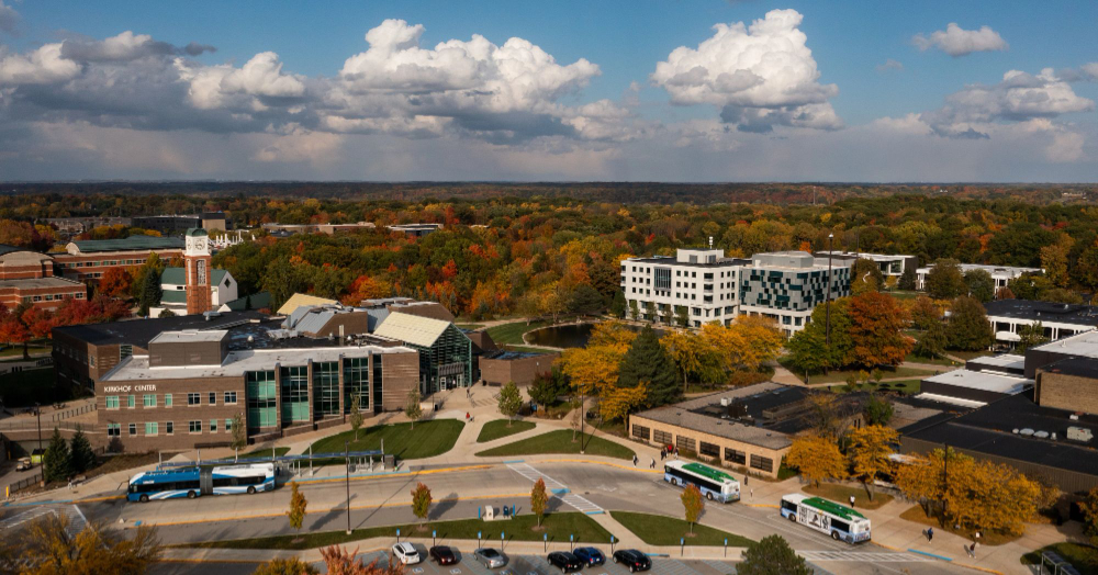 drone photo of the Allendale Campus with Rapid buses moving on Campus Drive