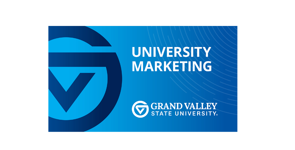 graphic with circle GV in dark blue, University Marketing and GVSU wordmark at bottom left