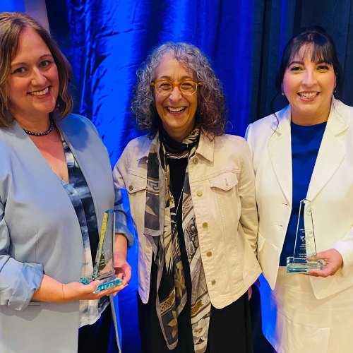 from left are Kendra Kuo, Dean Diana Lawson and Sonja Johnson; Kendra and Sonja are holding awards