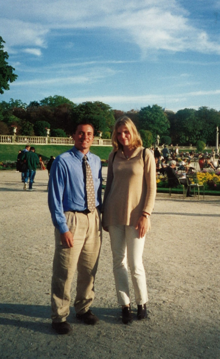 in a 1998 photo, a man and woman stand outside in a park