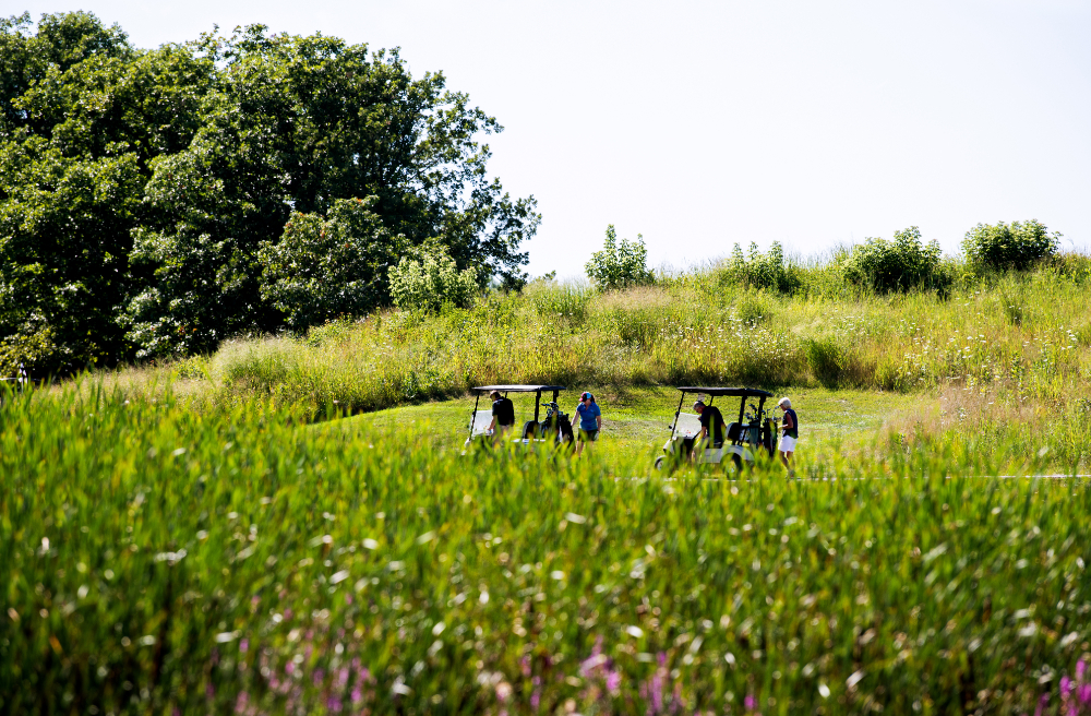 two golf carts with golfers near a tee box at the Meadows