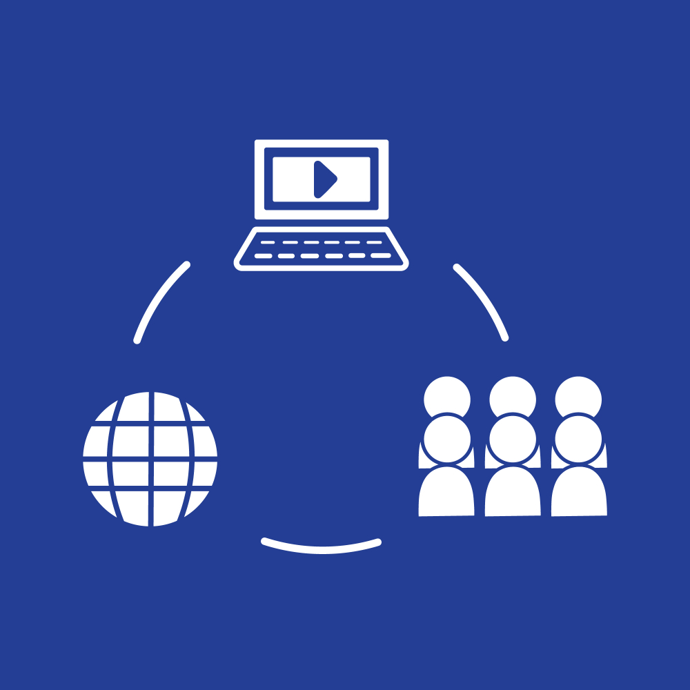 image on blue background with laptop, globe and group of people