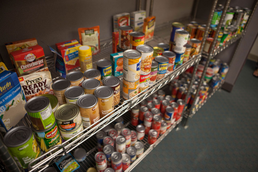 cans of food, nonperishable items on shelves