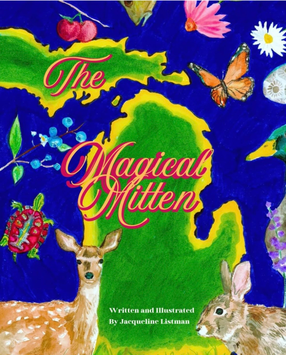 book cover of The Magical Mitten with shape of Michigan and animals and nature on the cover