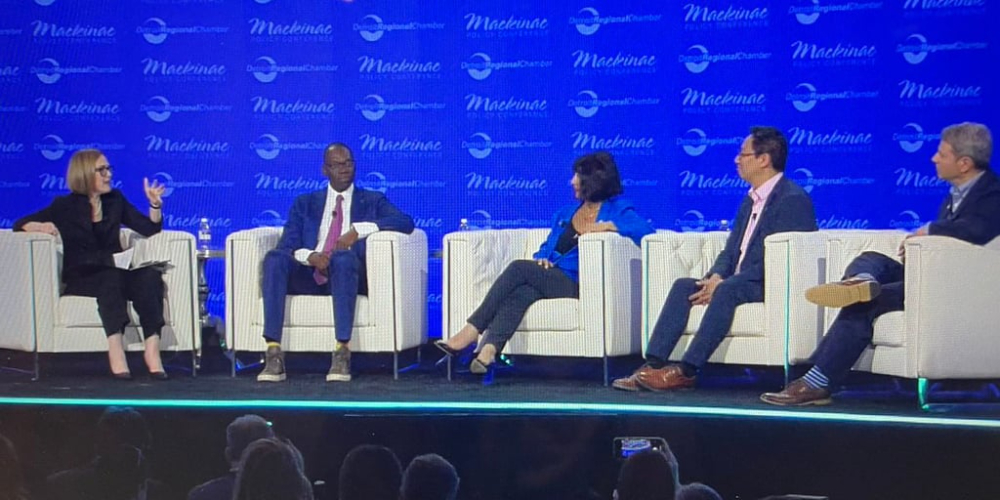From left to right are Zoe Clark, Lt. Gov. Garlin Gilchrist, President Philomena V. Mantella, UM President Santa Ono and LCC President Steve Robinson. They participated in a May 31 panel discussion during the Mackinac Policy Conference.