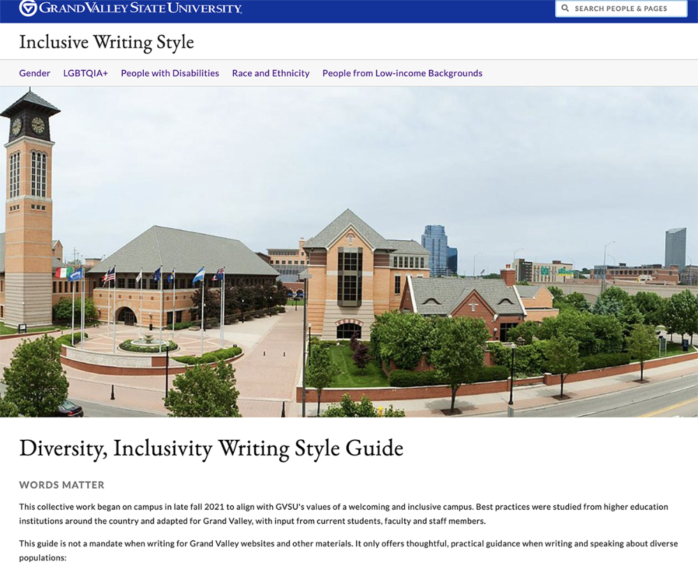 screenshot of website home page for Inclusive Writing Style guide, web banner photo is the Pew Grand Rapids Campus