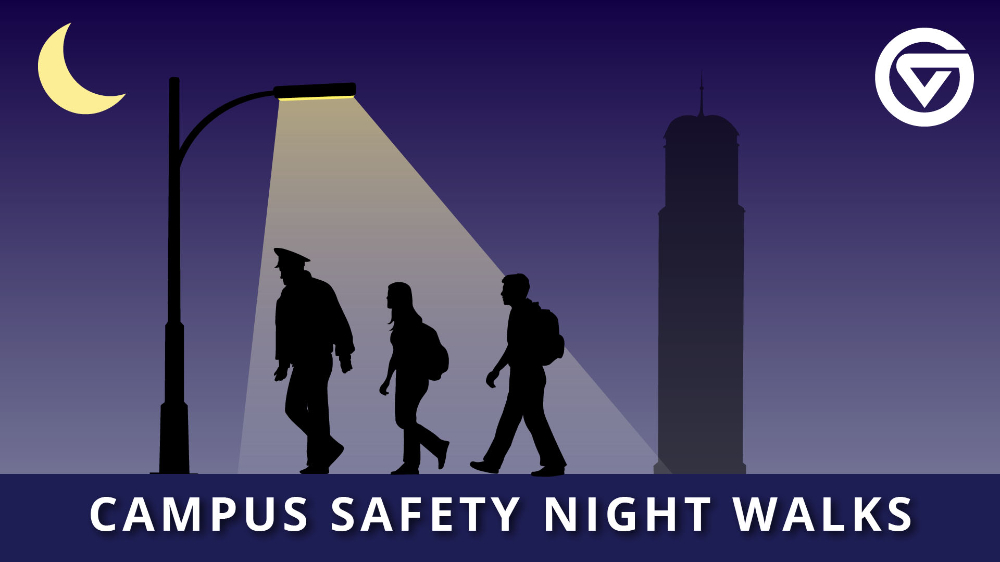 graphic Campus Safety Night Walks, purple graphic with streetlight on three silouletted people