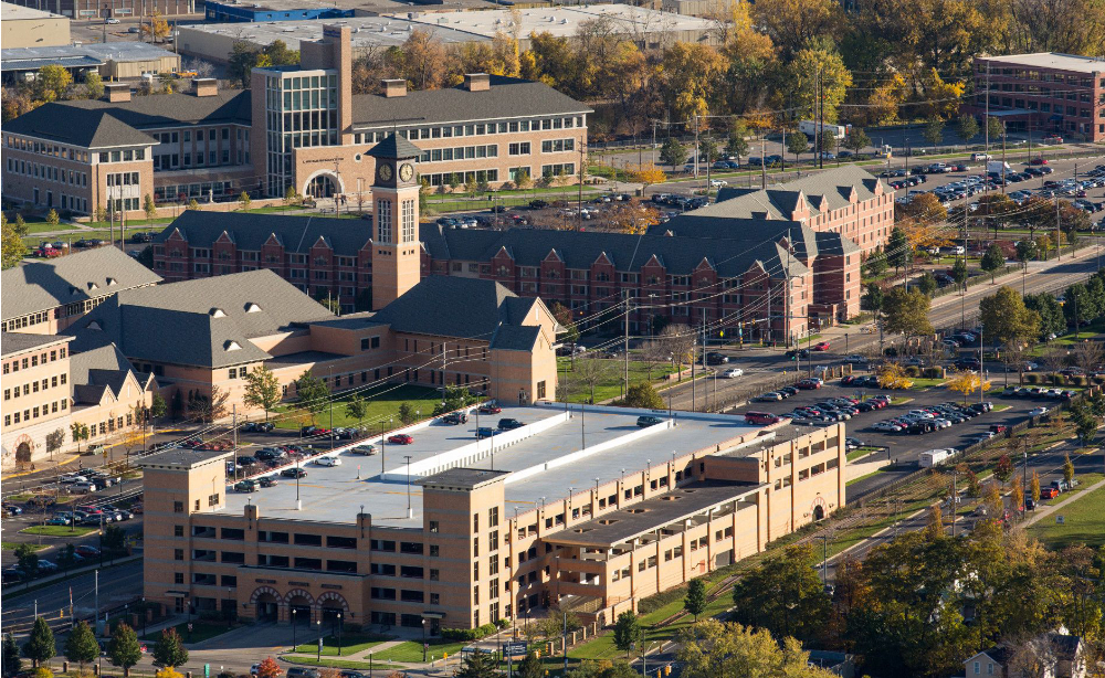 aerial photo of Pew Grand Rapids campus with Seward Parking ramp in forefront