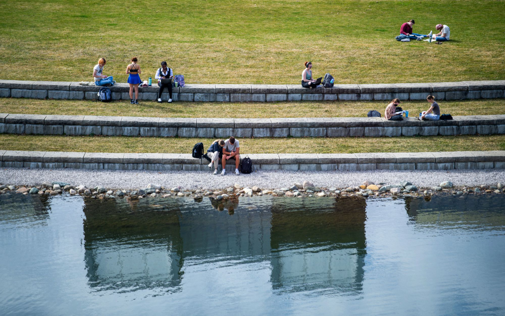 small groups of two, three students sitting on the lawn steps in front of Zumberge Pond