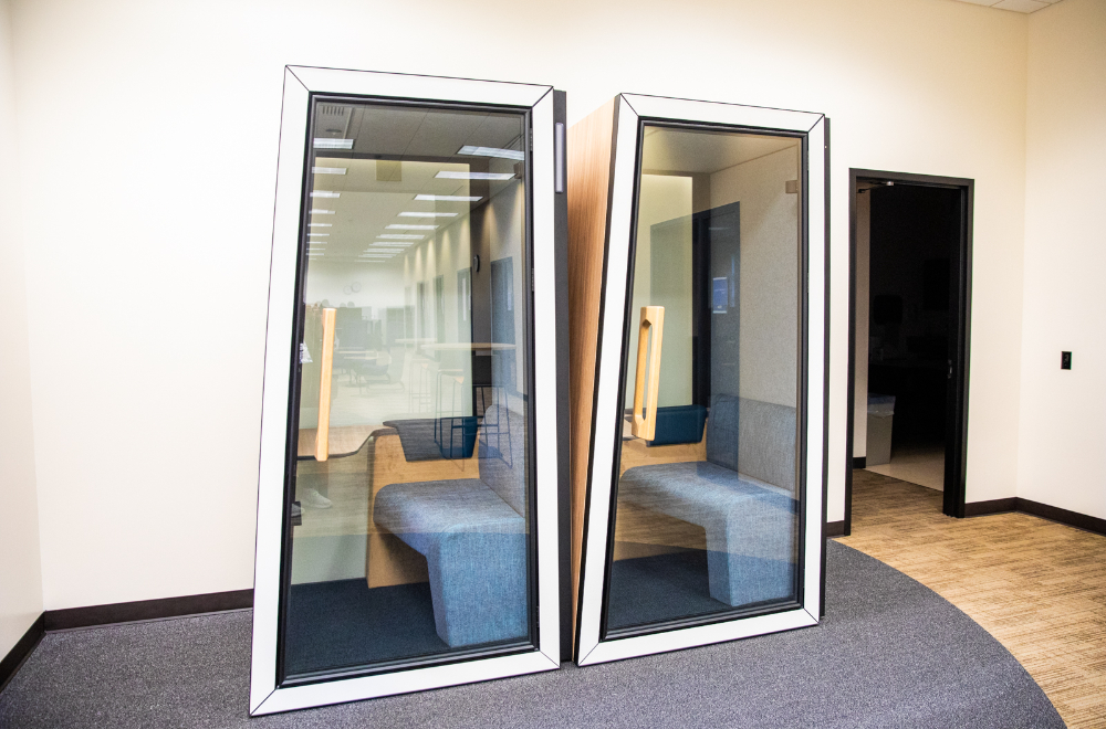 two soundproof booths are pictured
