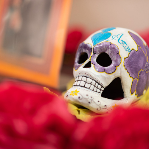 a decorative skull adorns an alter during a Día de los Muertos event