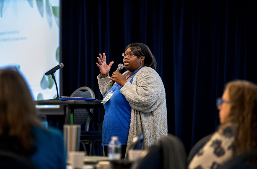 Takeelia Garrett, student ombuds officer, leads a mindfulness exercise