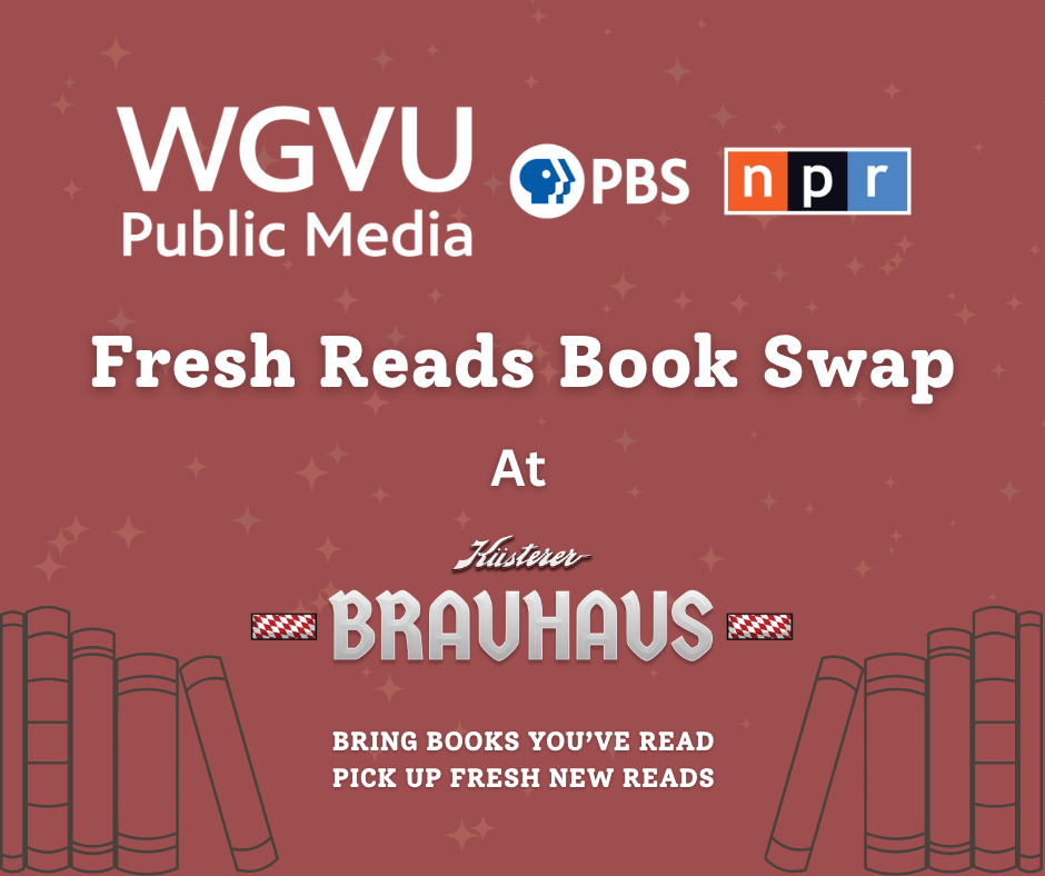 WGVU Public Media Fresh Reads Book Swap at the Brewhouse, with illustrated books at bottom