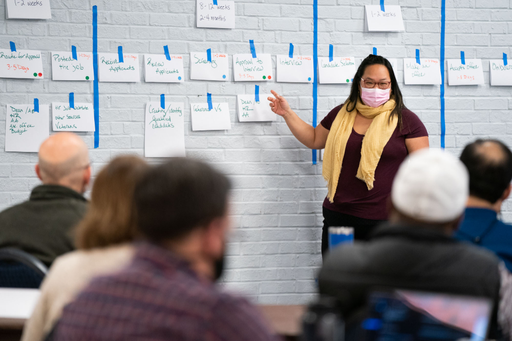 woman in mask standing in front of room and pointing to wall that has white papers taped to it with blue tape, blue tape also runs vertically down the wall, separating papers into sections