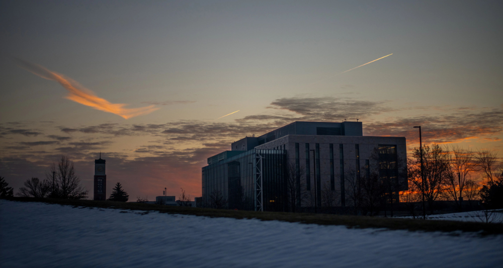 sunrise in winter, Mary Idema Pew Library in foreground