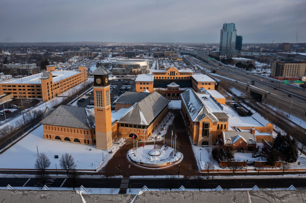 Pew Grand Rapids campus pictured from drone photo, Grand Rapids buildings and U.S. 131 along right side