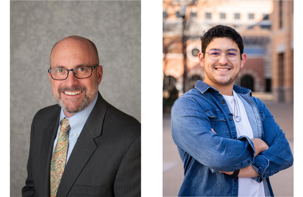 portraits of, left, Brent Nowak, and Renzo Garza Motta, who is standing outside on the Pew Grand Rapids Campus
