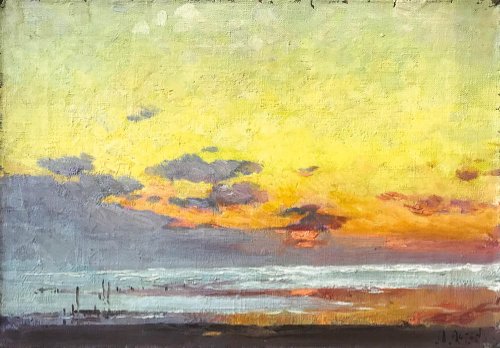 A painting of a lake scene at sunset