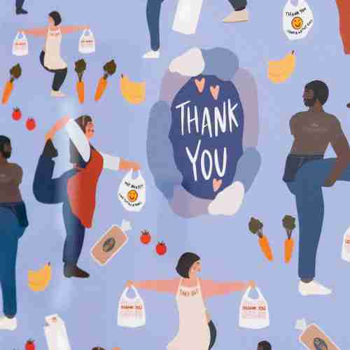 Illustrative artwork with lettering saying thank you' and figures holding bags