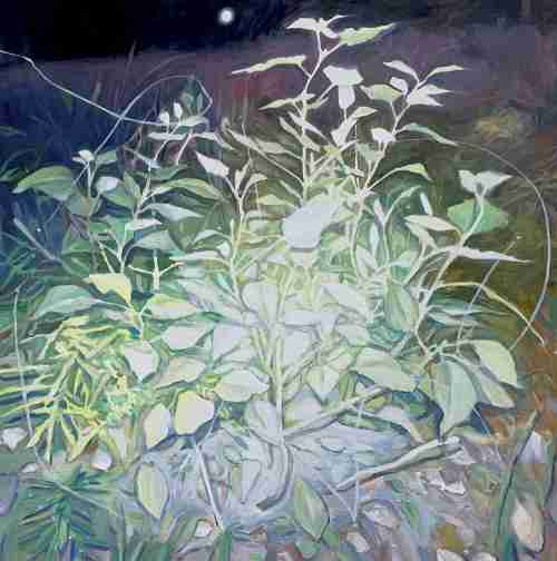 A painting of greenery at night