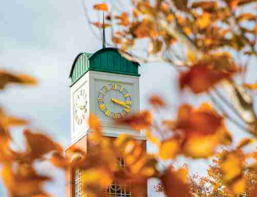 Clocktower with fall leaves