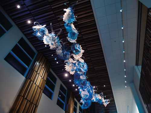 Chihuly glass sculpture in blue and white
