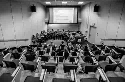 Lecture hall with police academy students in a training