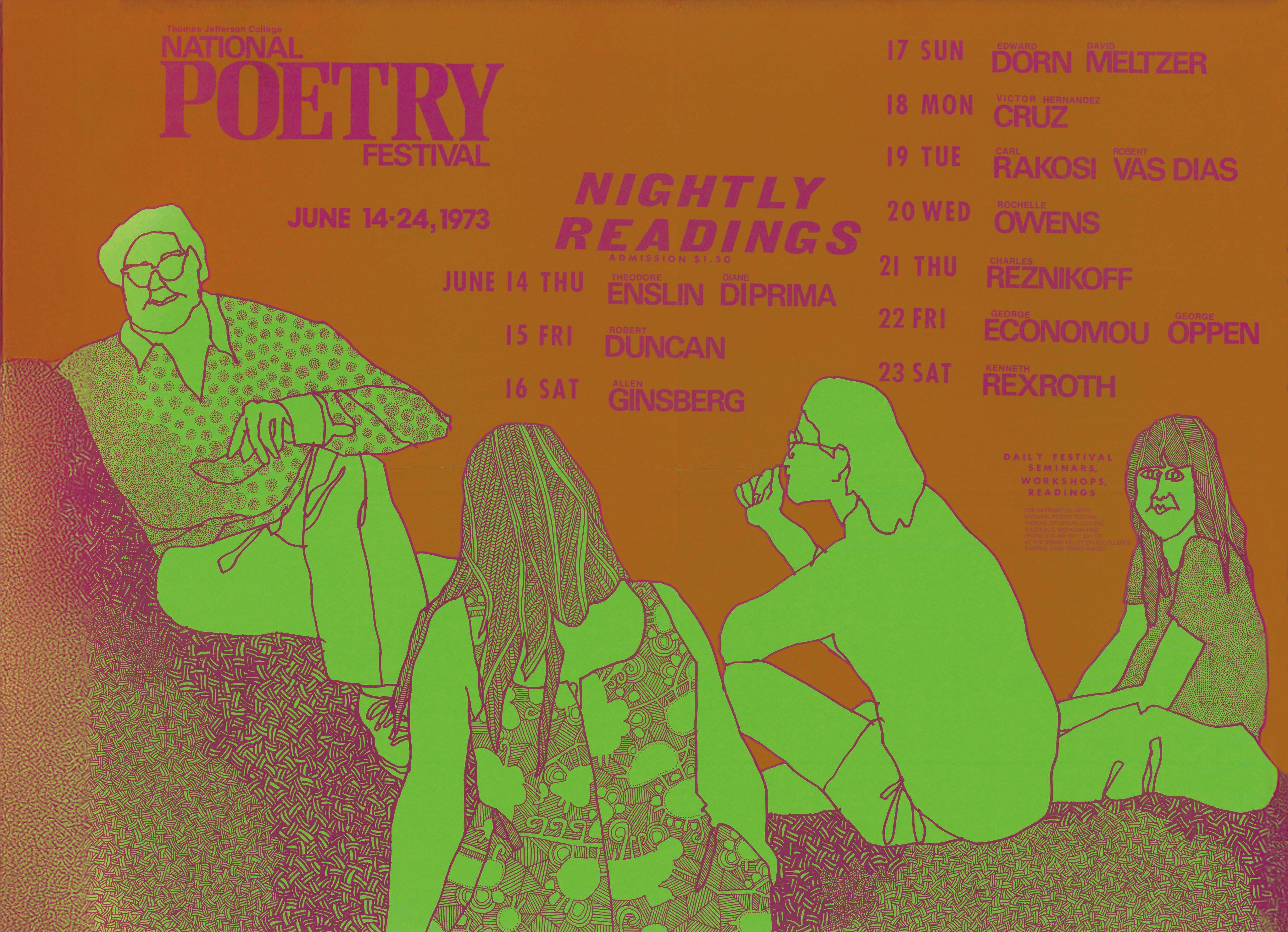 1973 National Poetry Festival poster, in tones of brown, with purple text and green shadowed people