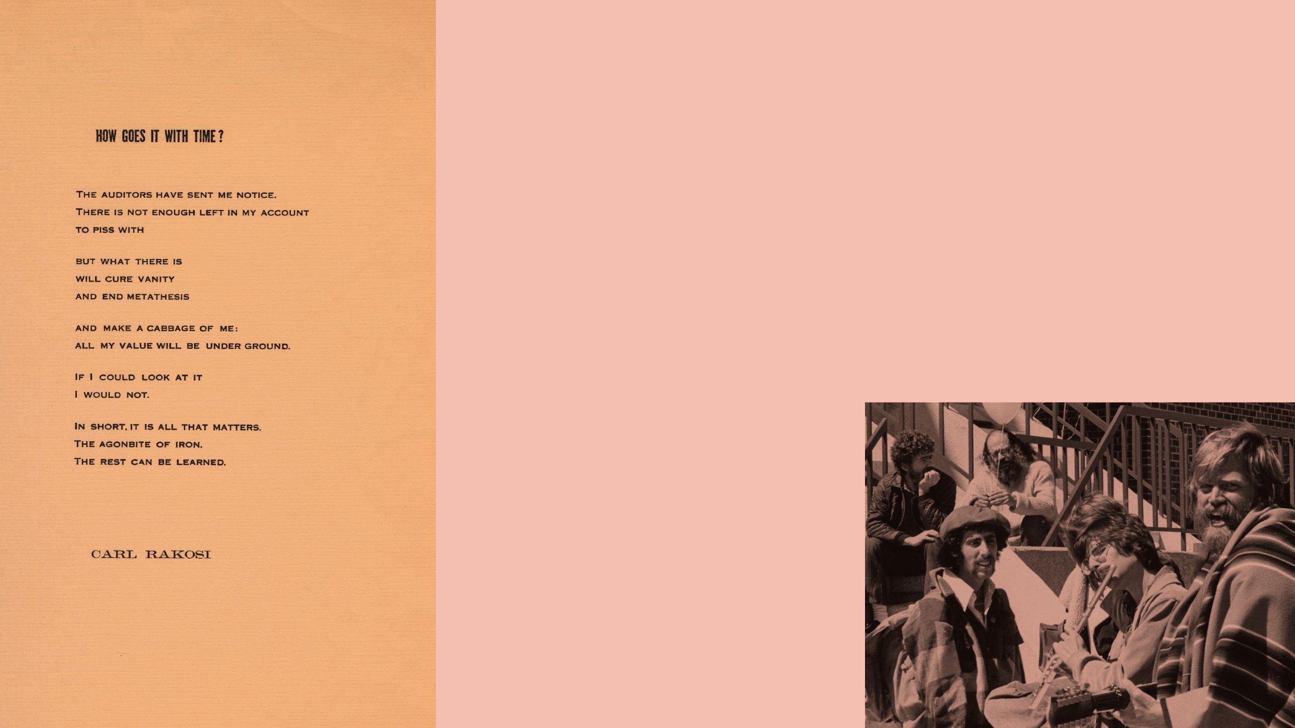 poem on right and black and white photo of 1970s GVSU people in costume sitting outside