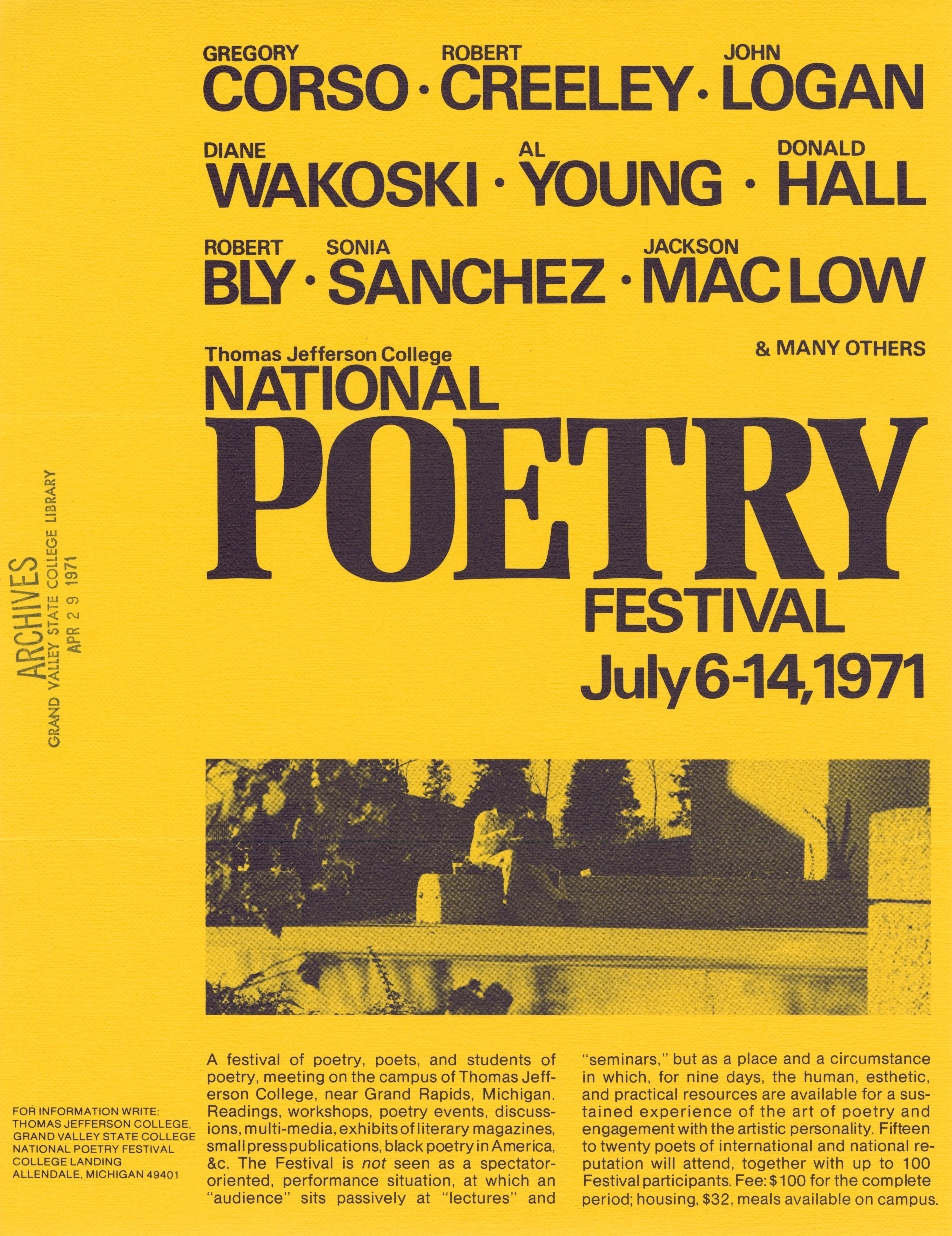 1971 National Poetry Festival poster, yellow with black text of author names