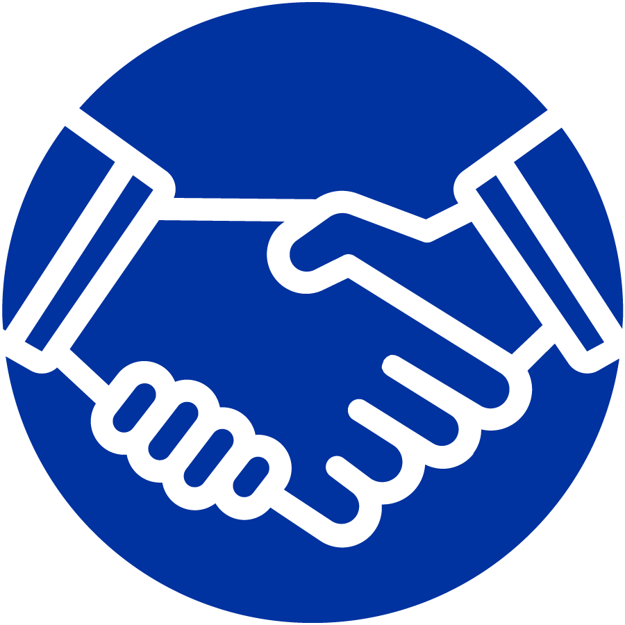 white graphic on blue, shaking hands