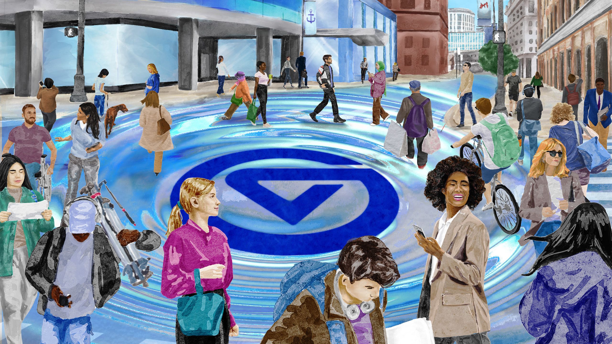 illustration of different people walking around street scene with blue GV in center of street