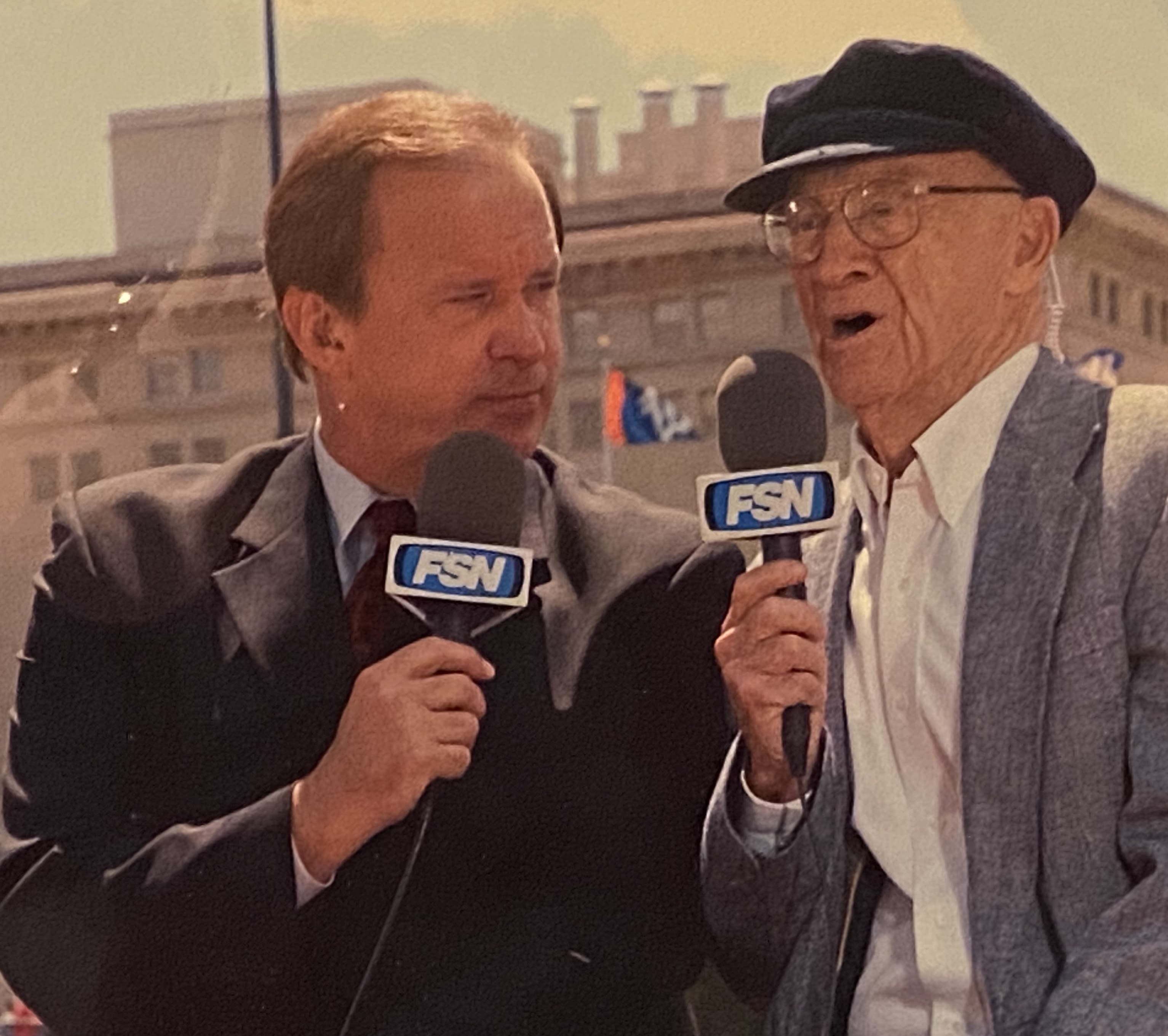 Keating working a broadcast with Ernie Harwell.