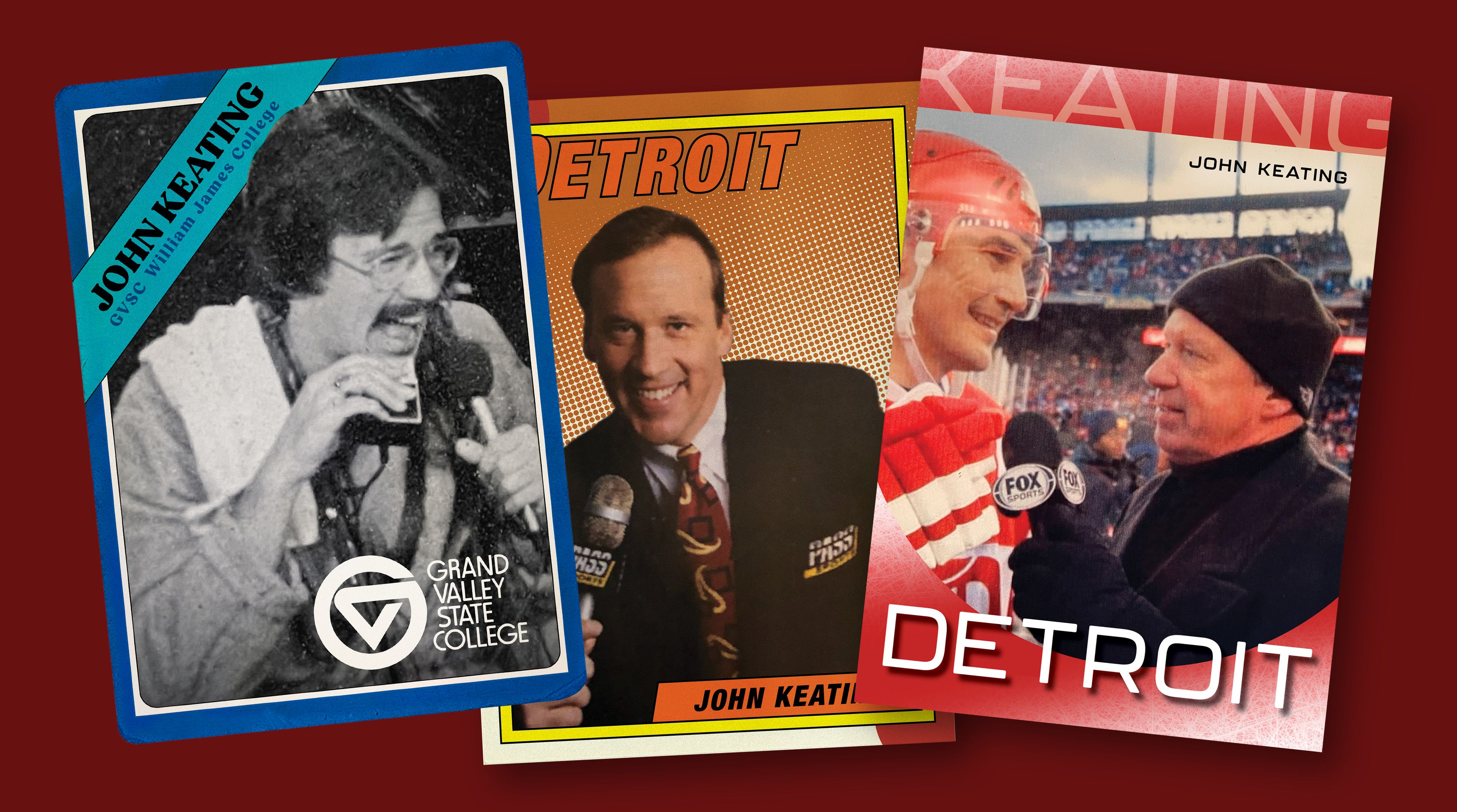 Images of John Keating through his career depicted like a sports card.