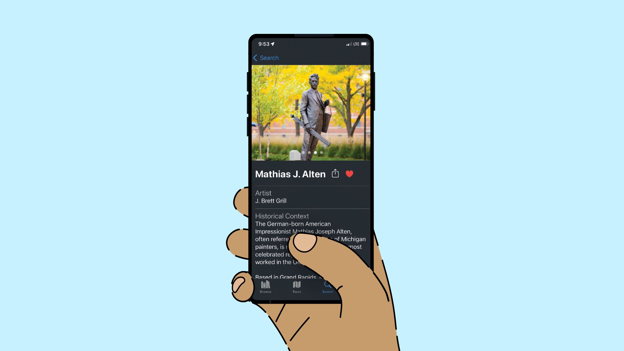 A hand holds an illustration of an iphone. The hand is interacting with the art app. A listing for a Mathias J. Alten sculpture with photo of the sculpture and text.