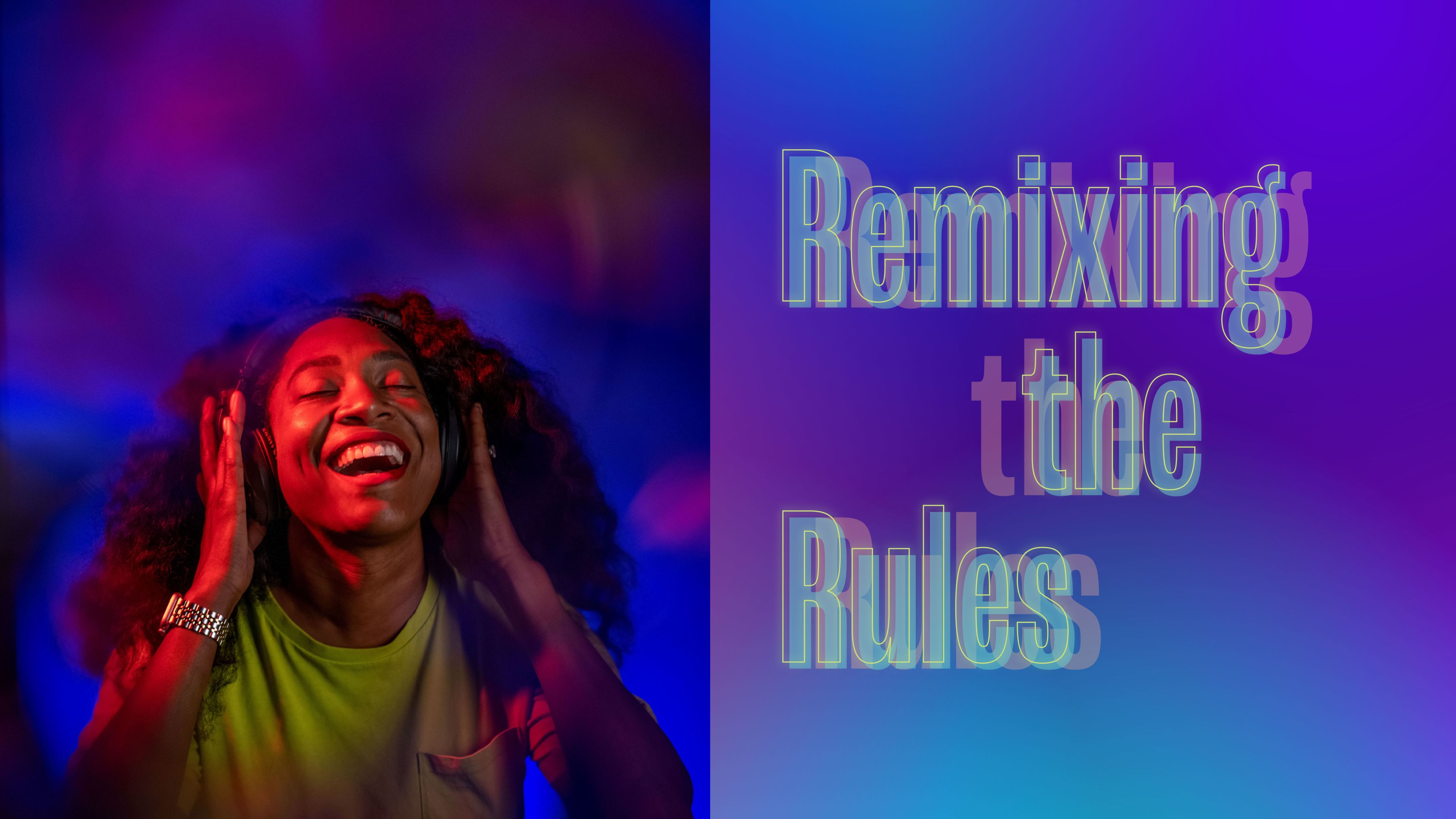 Andrea Wallace in yellow tshirt with headphones on, smiling; blue and purple background