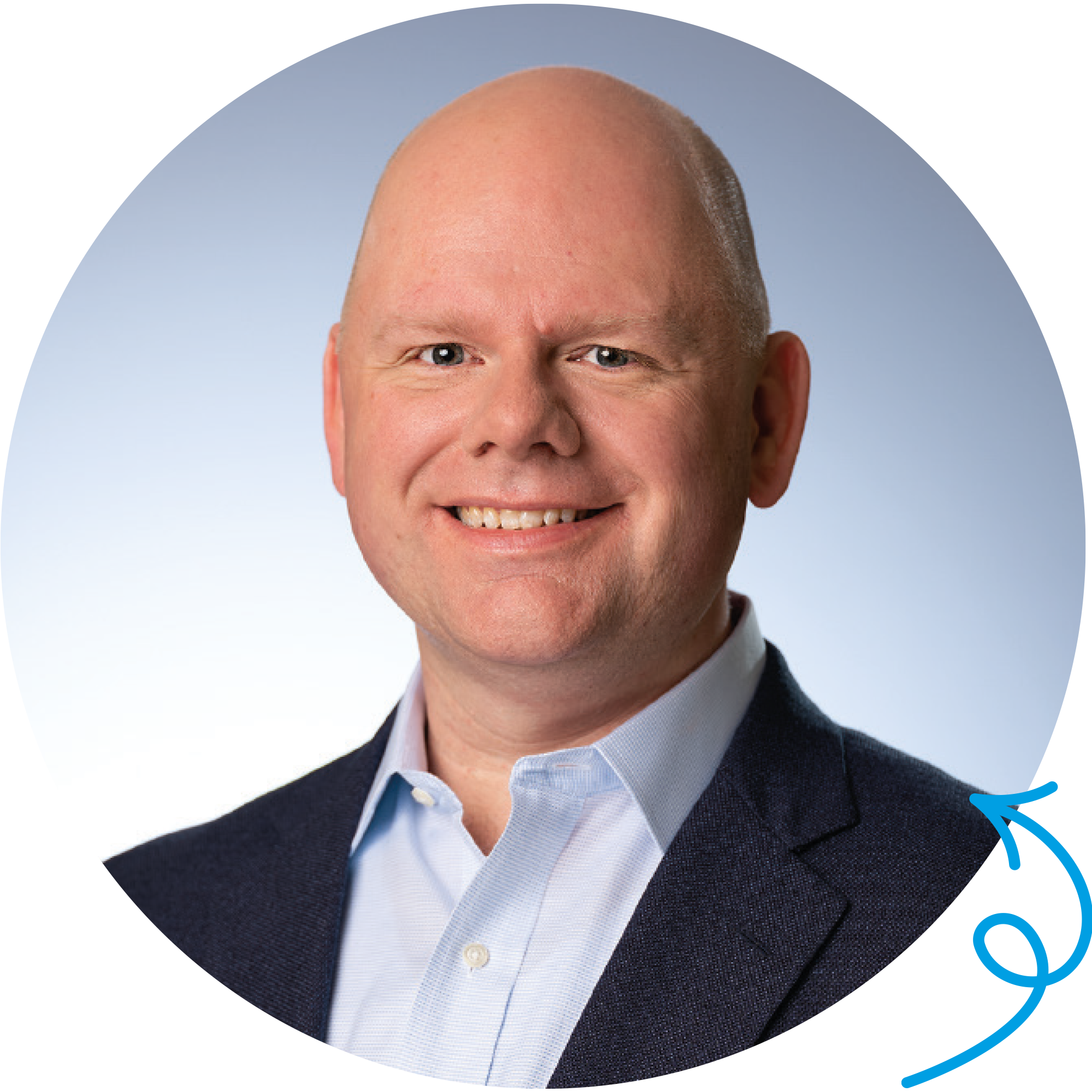 Len Van Popering in blue suit jacket and light blue shirt