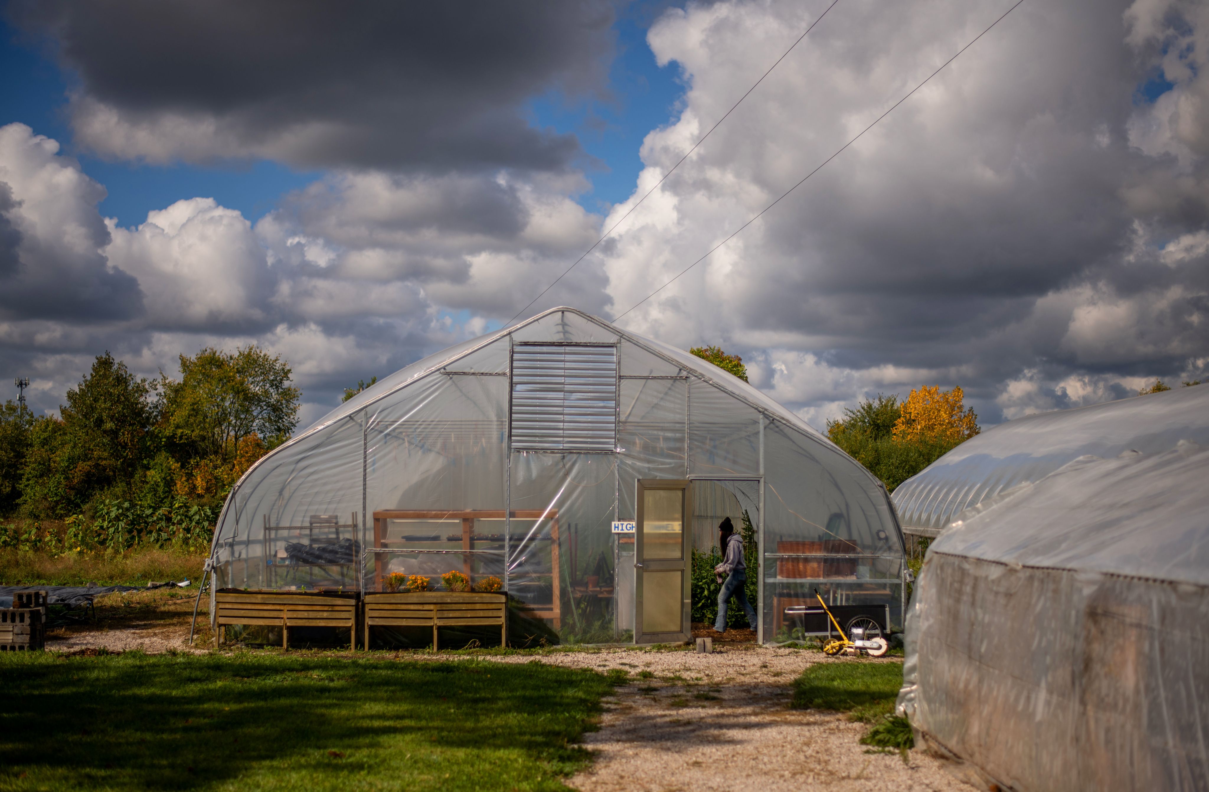 greenhouse in center, student walking by doorway; blue skies and fluffy gray and white clouds overhead
