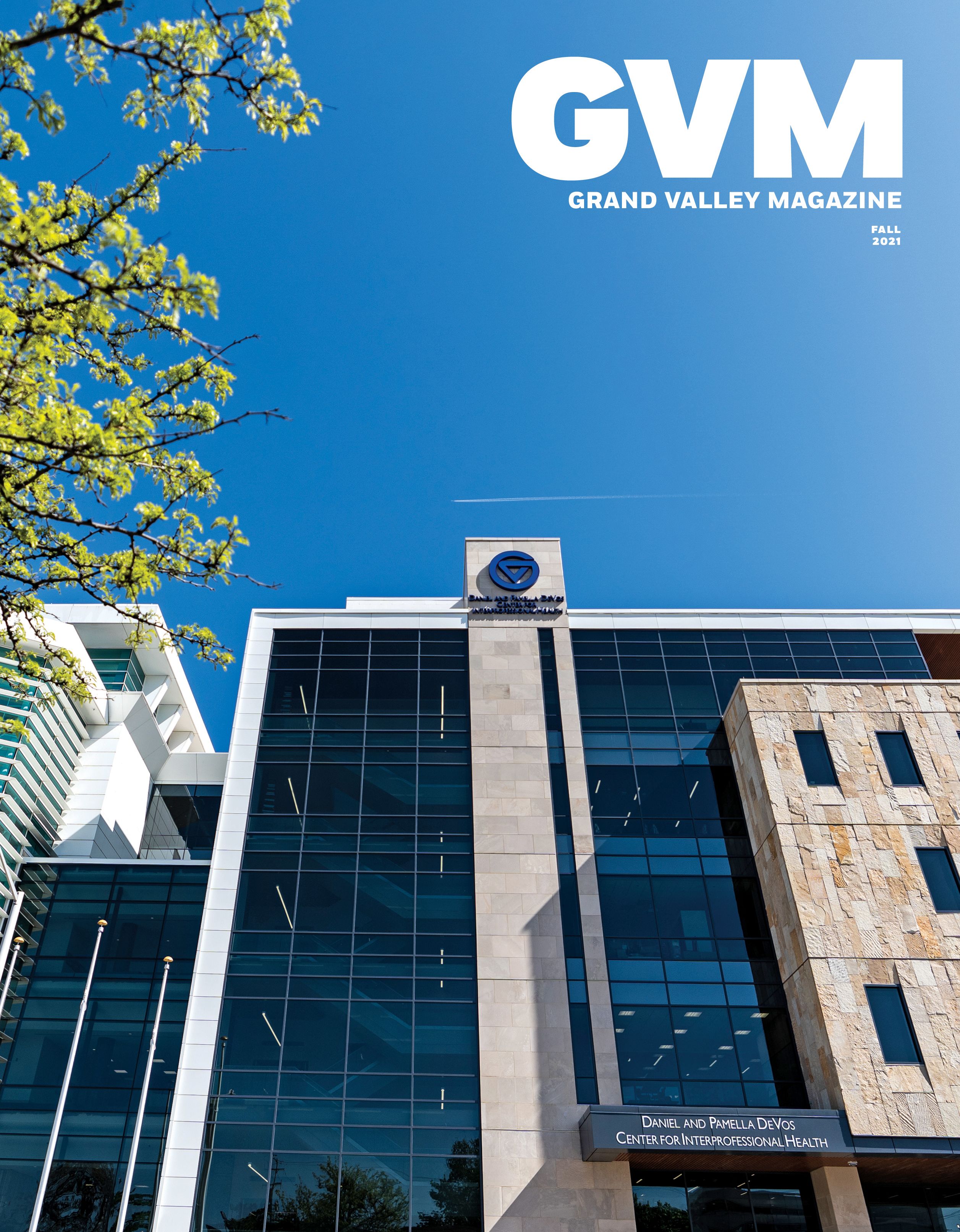 a low angle shot of the Daniel and Pamella DeVos Center for Interprofessional Health