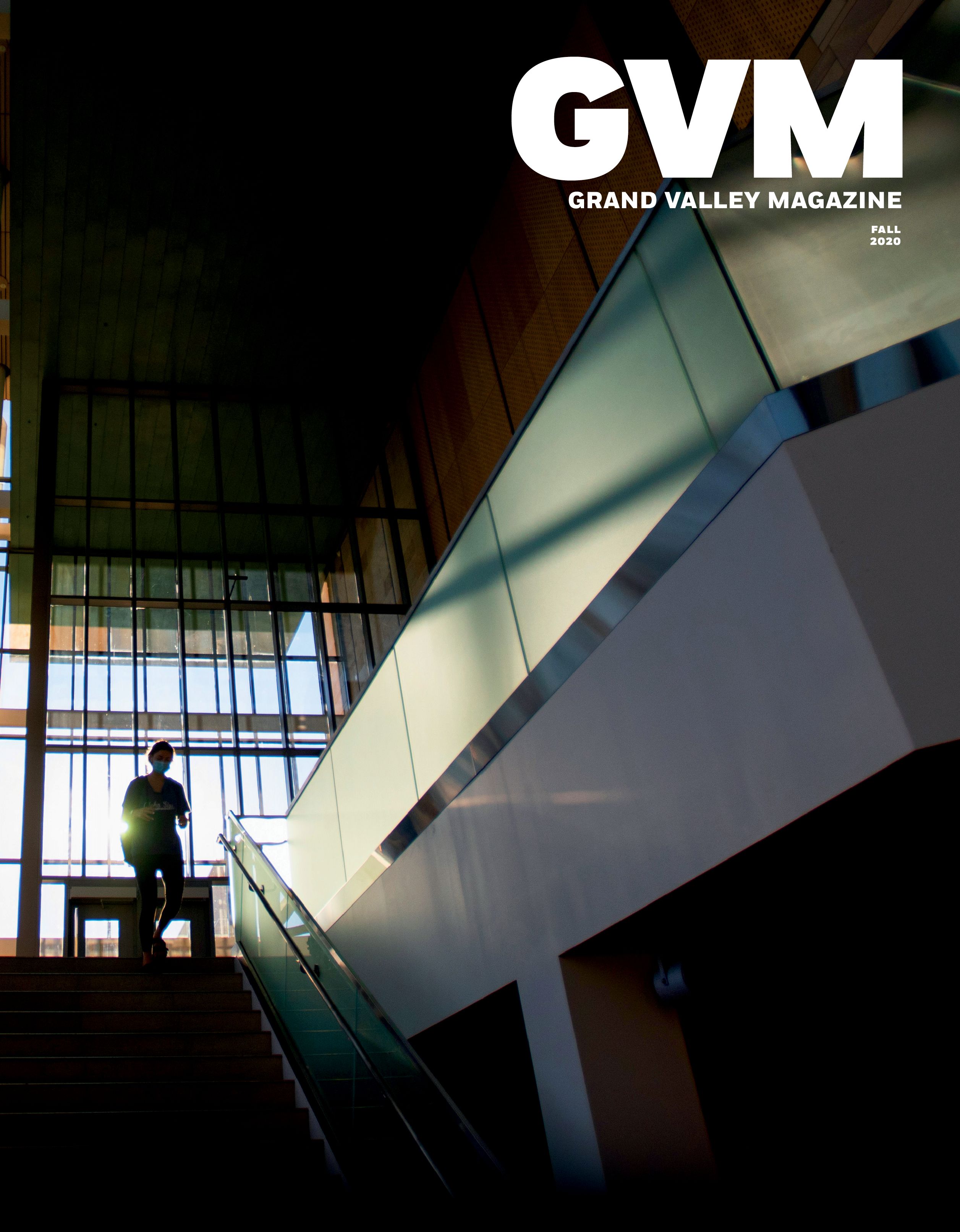 a back lit photo of a person walking down the stair of the library by the north entrance. 