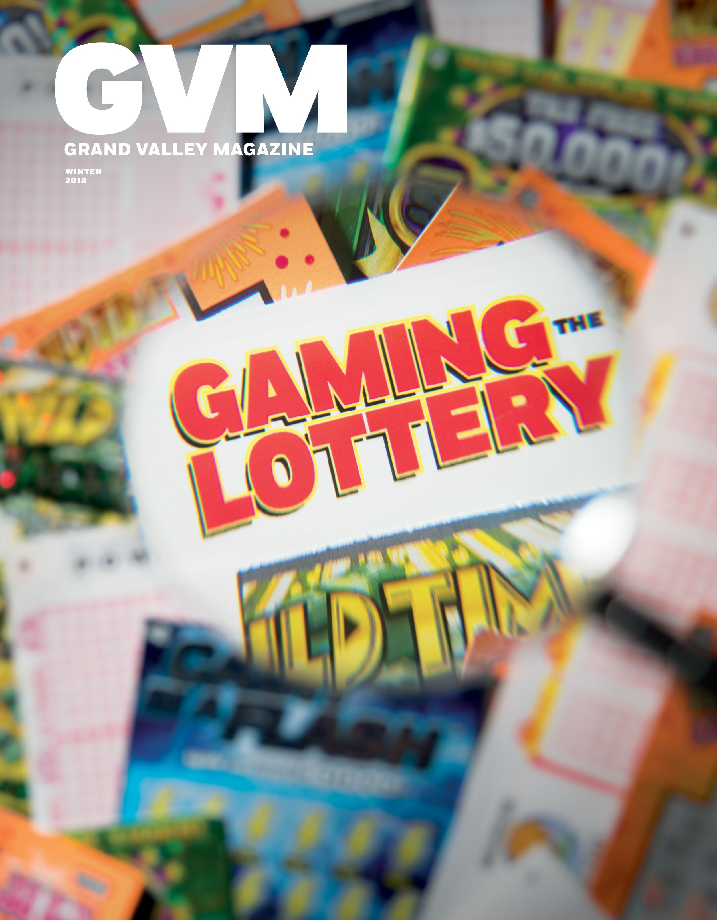 a collection of lottery tickets blurred in the back ground with the words "Gaming the Lottery" are in a focused circle.