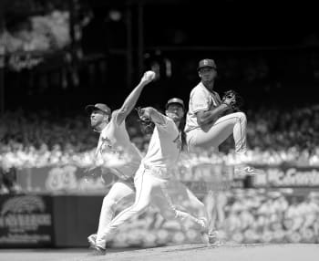 composite black and white then changing to color photo of a baseball pitcher winding up and releasing the ball from the mound