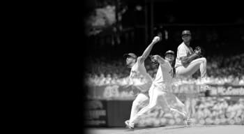 composite black and white then changing to color photo of a baseball pitcher winding up and releasing the ball from the mound