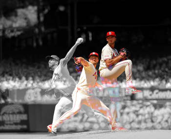 composite black and white then changing to color photo of a baseball pitcher winding up and releasing the ball from the mound