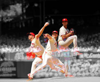 composite black and white then changing to color photo of a baseball pitcher winding up and releasing the ball from the mound