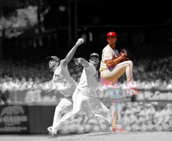 composite black and white then changing to color photo of a baseball pitcher winding up and releasing the ball from the mound