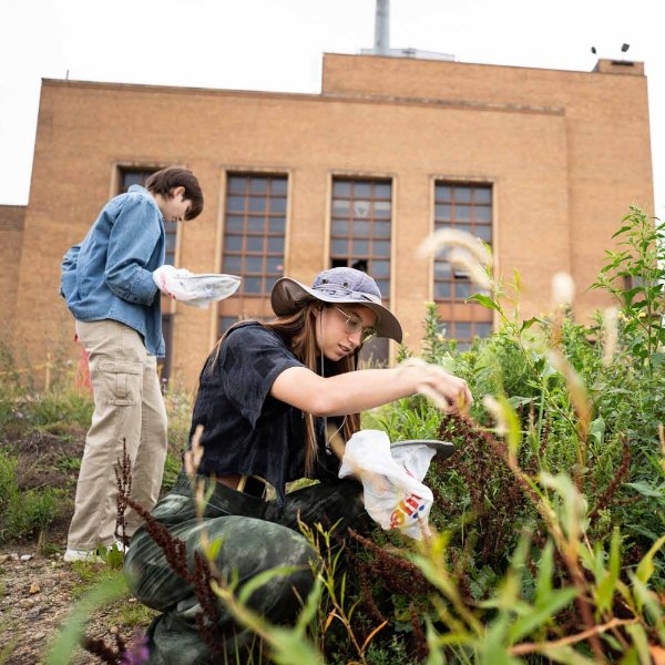 One person stands and one kneels amid vegetation. A decommissioned power plant is behind them.