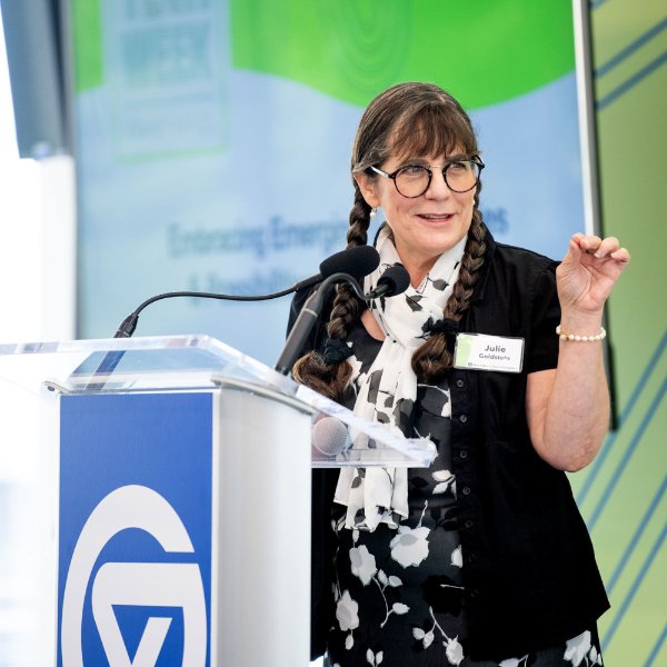 Assistant professor of film and video production Julie Goldstein delivers her comments during GVSU Tech Talks.