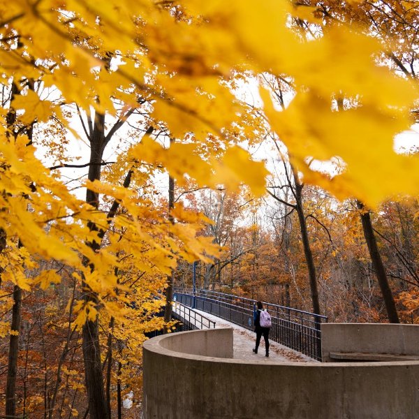 Student walking on the Allendale Campus.