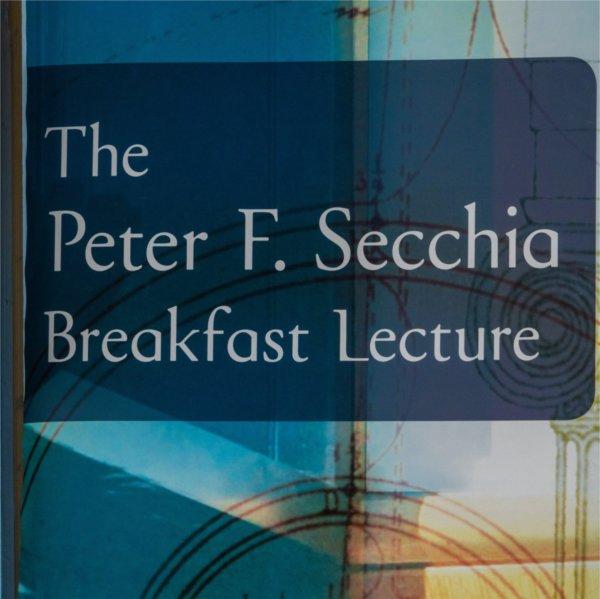 Sign reading "The Peter F. Secchia Breakfast Lecture"